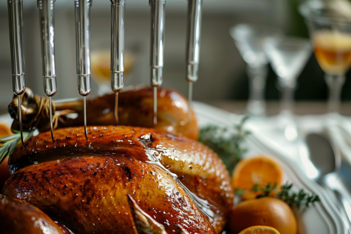 A turkey being basted with multiple stainless steel turkey basters.