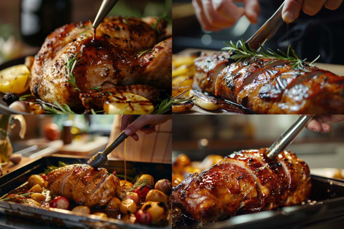 Four images showing different stages of basting various meats with turkey basters.