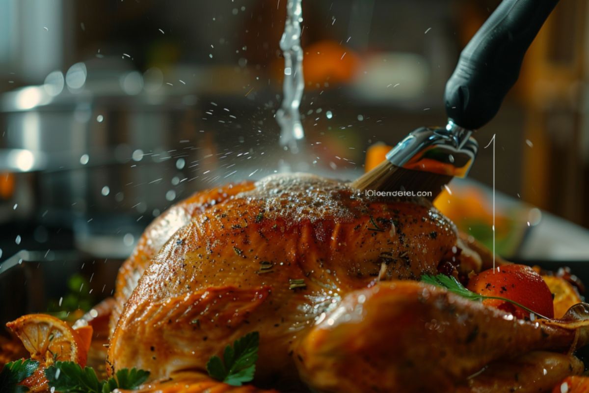 A close-up of a turkey being basted with a turkey baster, splashing juices over the roasted skin.