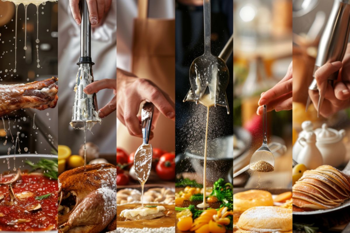 A collage showing different kitchen tools and techniques for basting and seasoning food.