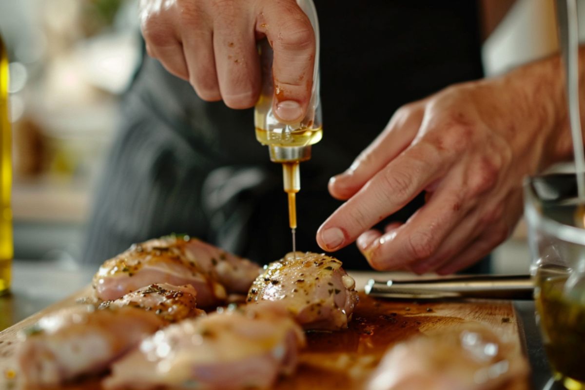 A close-up shot of a hand using a turkey baster to inject marinade into raw chicken pieces on a cutting board.