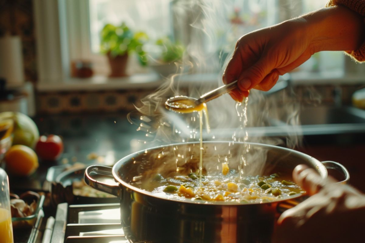 A close-up shot of a hand using a spoon to stir a pot of steaming soup on the stove.