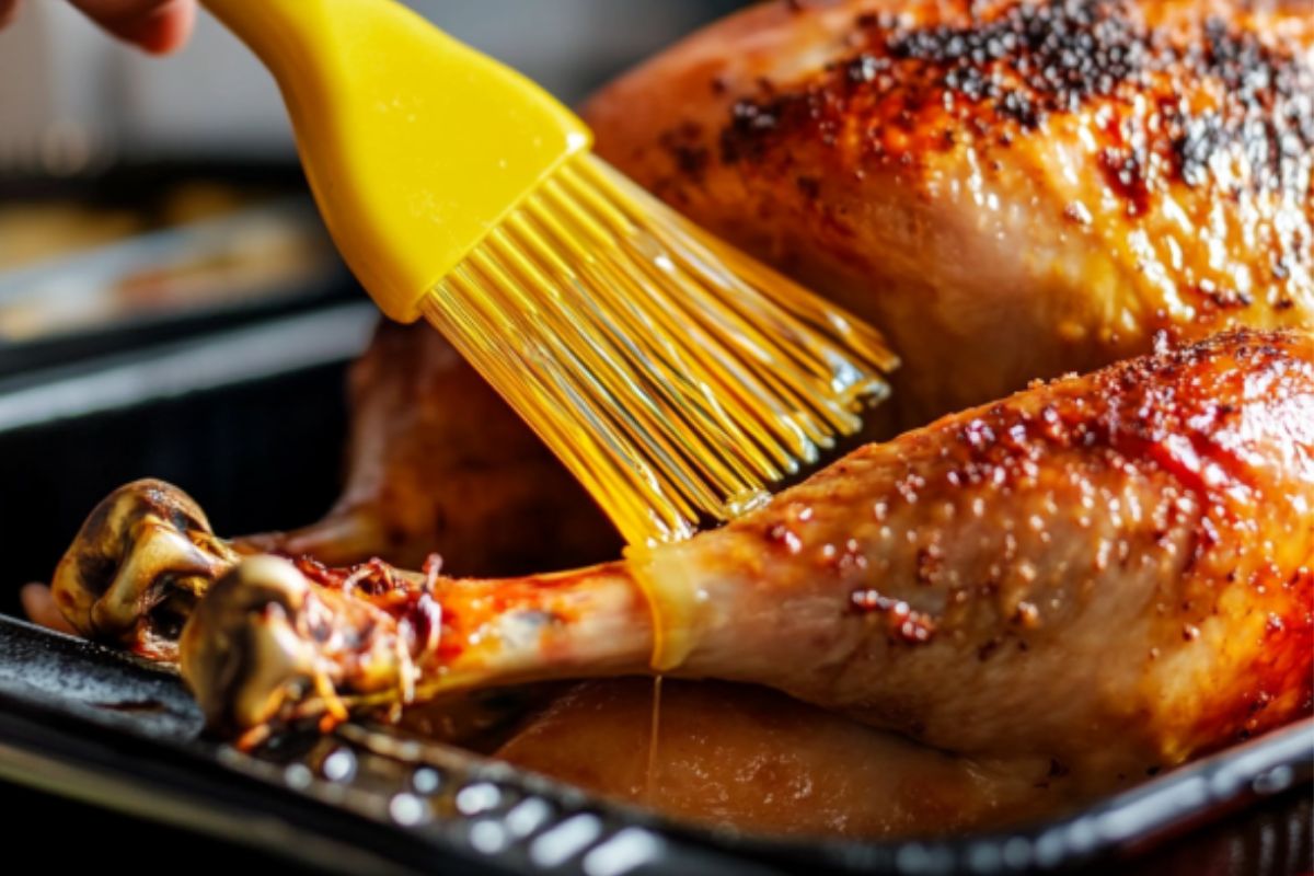 Applying basting liquid on turkey with a pastry brush