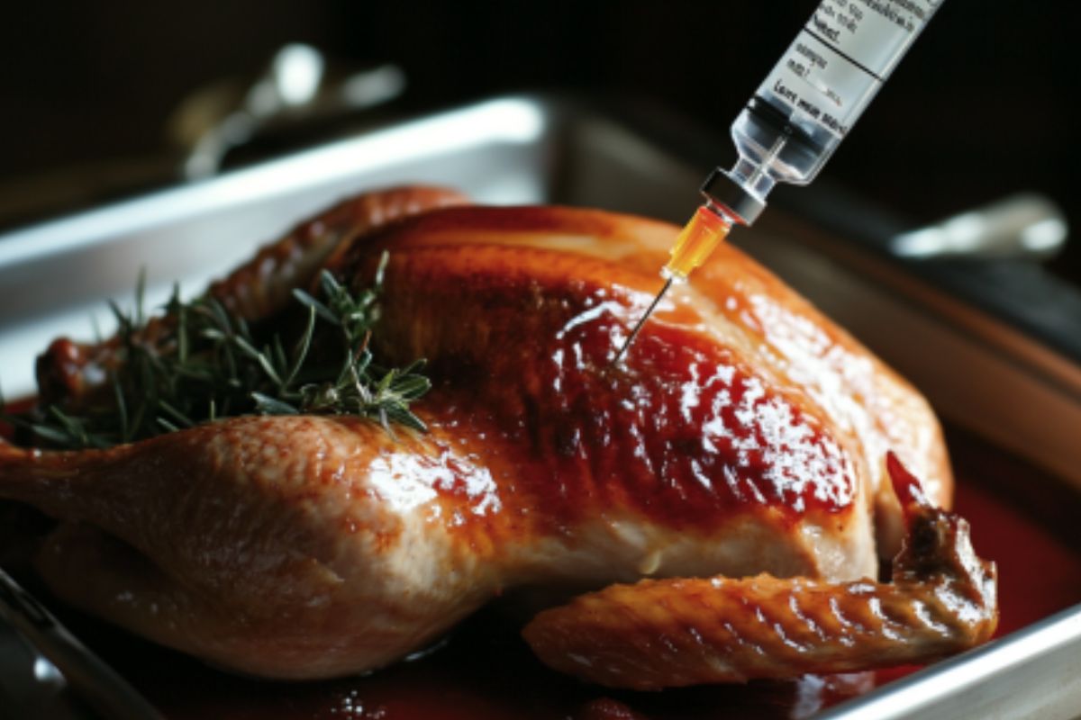 Filling a kitchen syringe with basting liquid