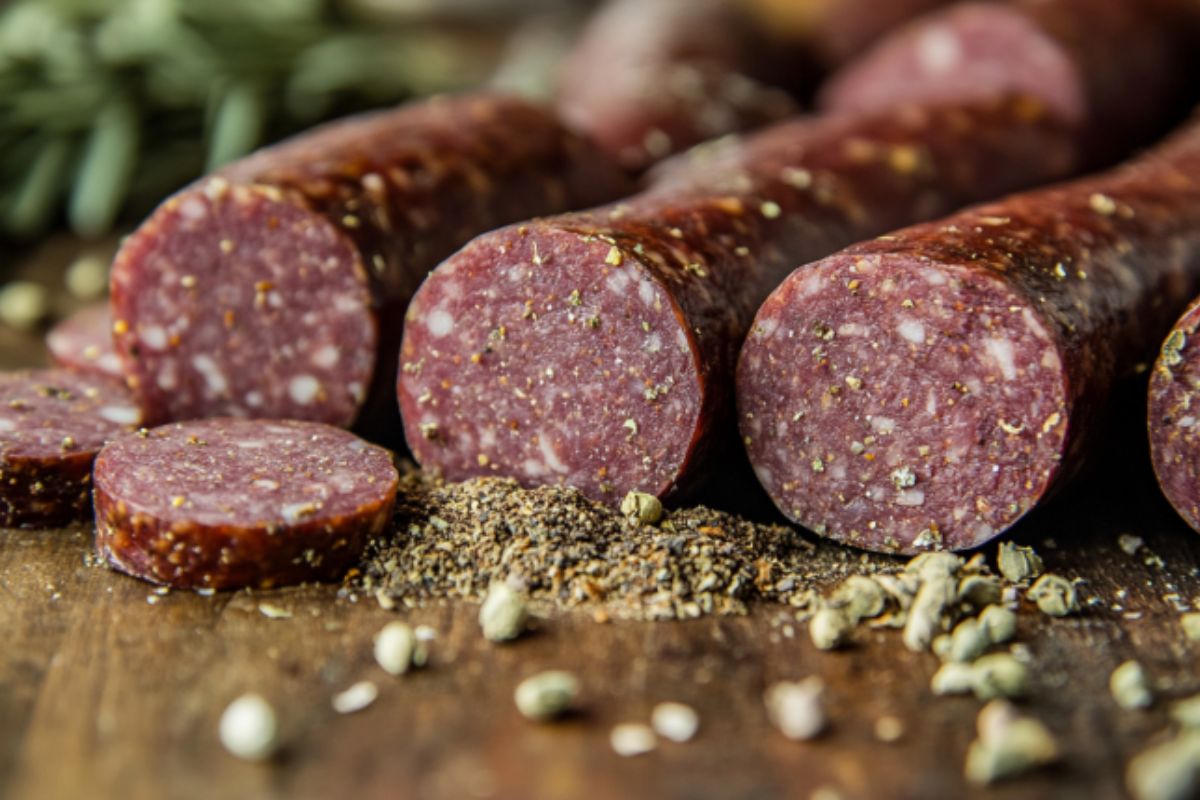 Traditional summer sausage preparation with spices and meat