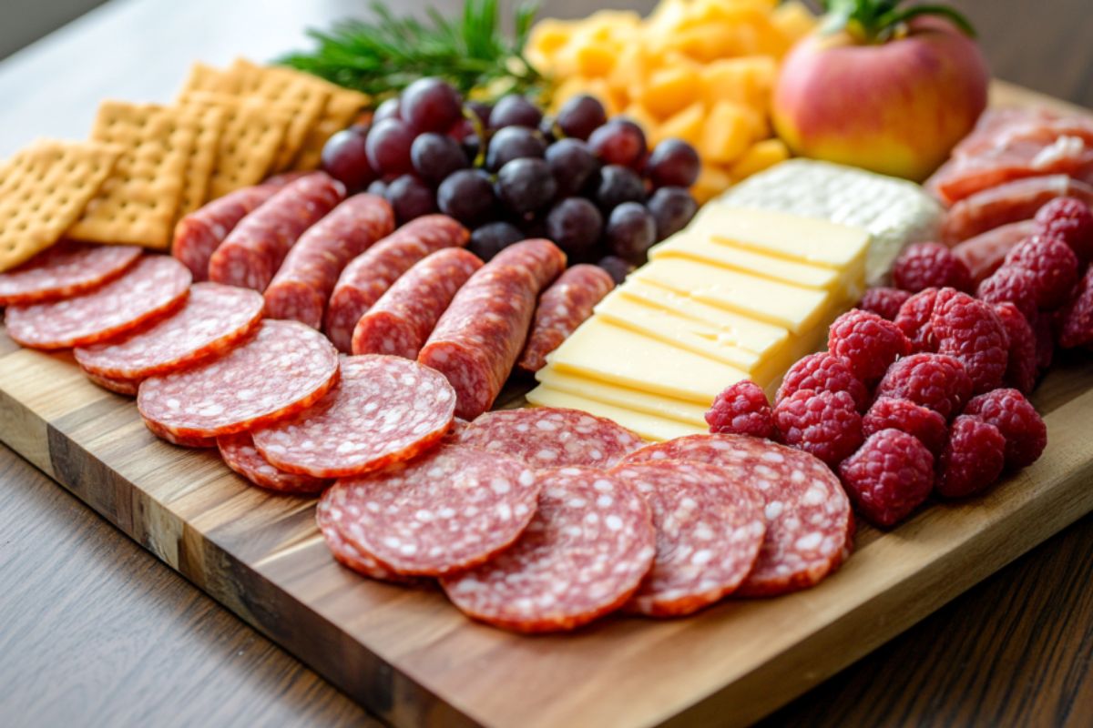 Charcuterie board featuring slices of summer sausage, cheese, and crackers