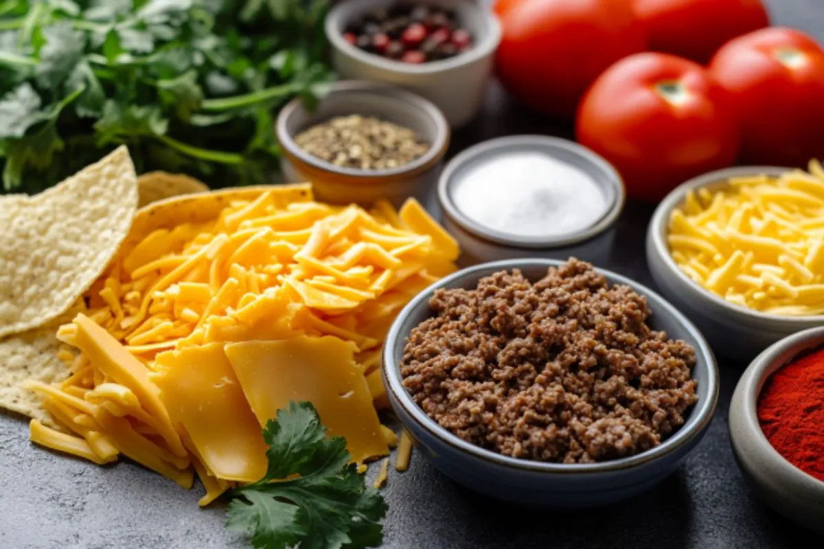  Ingredients for Rotel Dip, including Velveeta Cheese, Rotel Tomatoes, and ground beef.