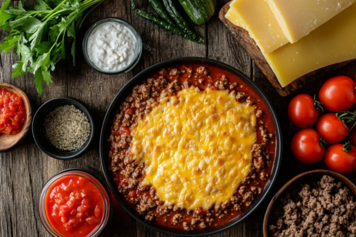 Ingredients for Rotel dip including Velveeta cheese, Rotel tomatoes, and ground beef