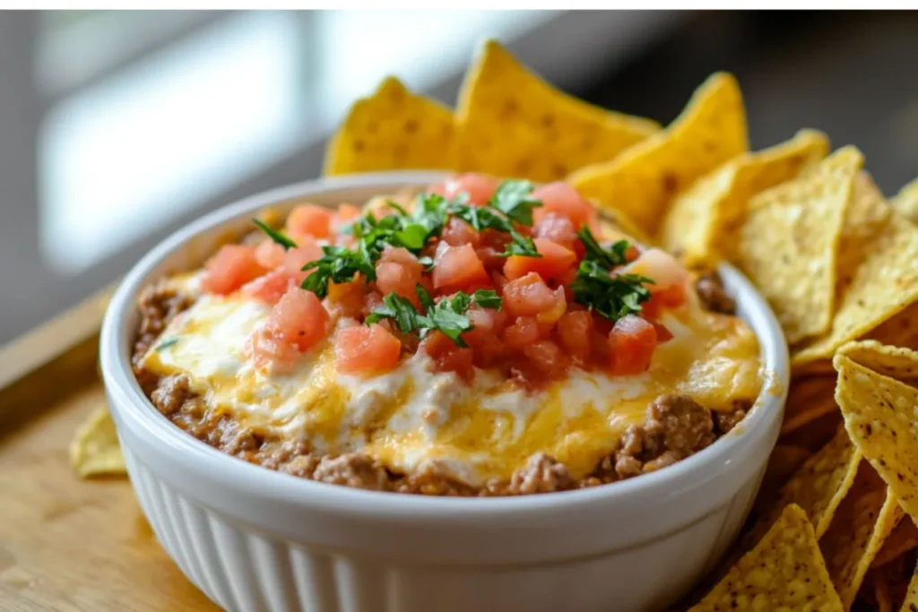 Rotel dip served with tortilla chips in a white bowl