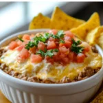 Rotel dip served with tortilla chips in a white bowl