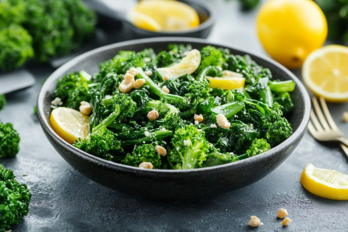 Rapini salad with vegetables and a light dressing.