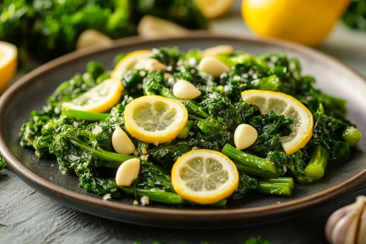 Sautéed rapini with garlic and lemon slices.