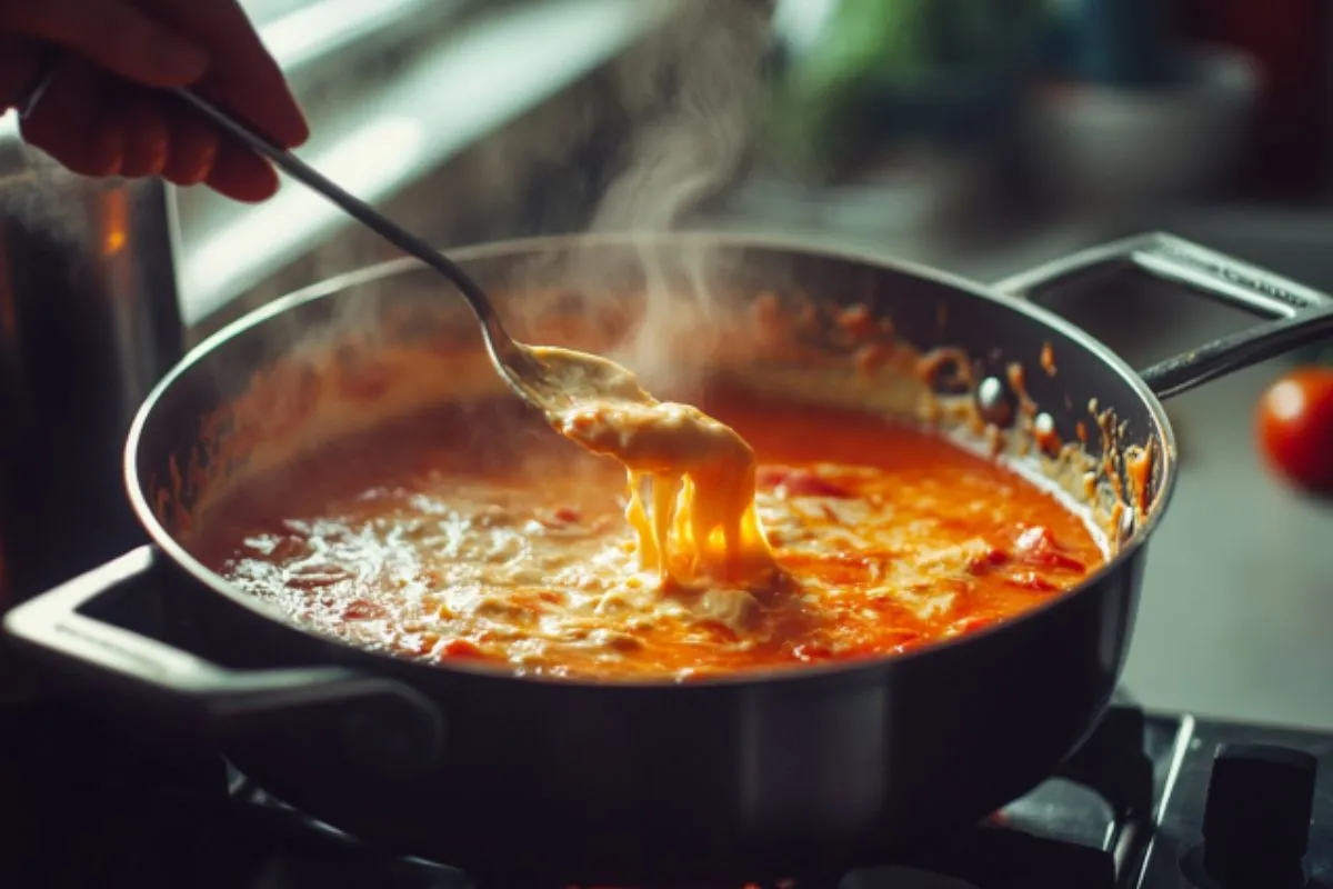 Melting Velveeta Cheese combined with Rotel Tomatoes for Rotel Dip.