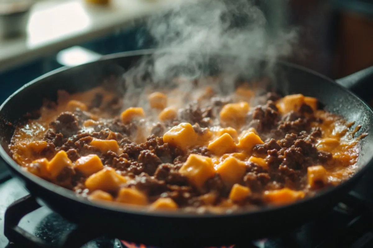 Rotel dip cooking in a skillet on a stove top