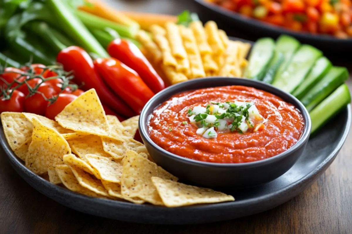  Dippers for Rotel Dip including tortilla chips, crackers, and fresh vegetables.