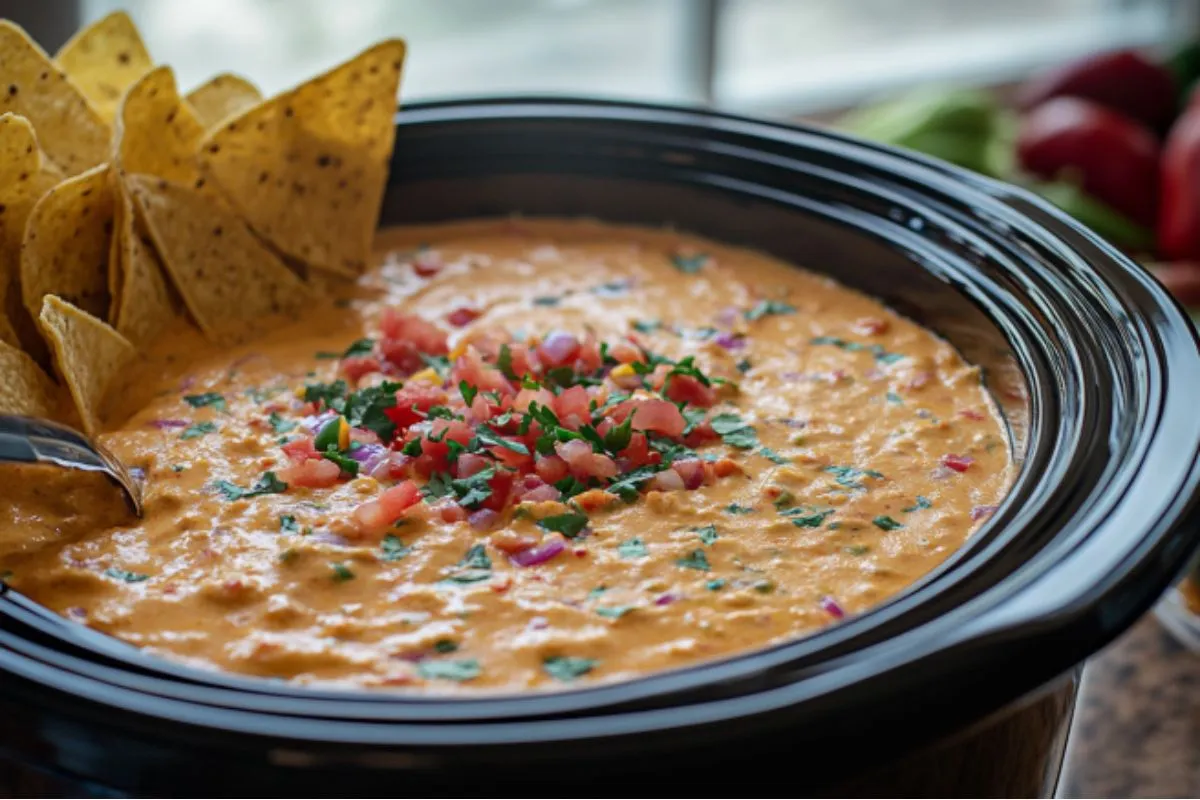 Rotel dip in a slow cooker with a serving spoon