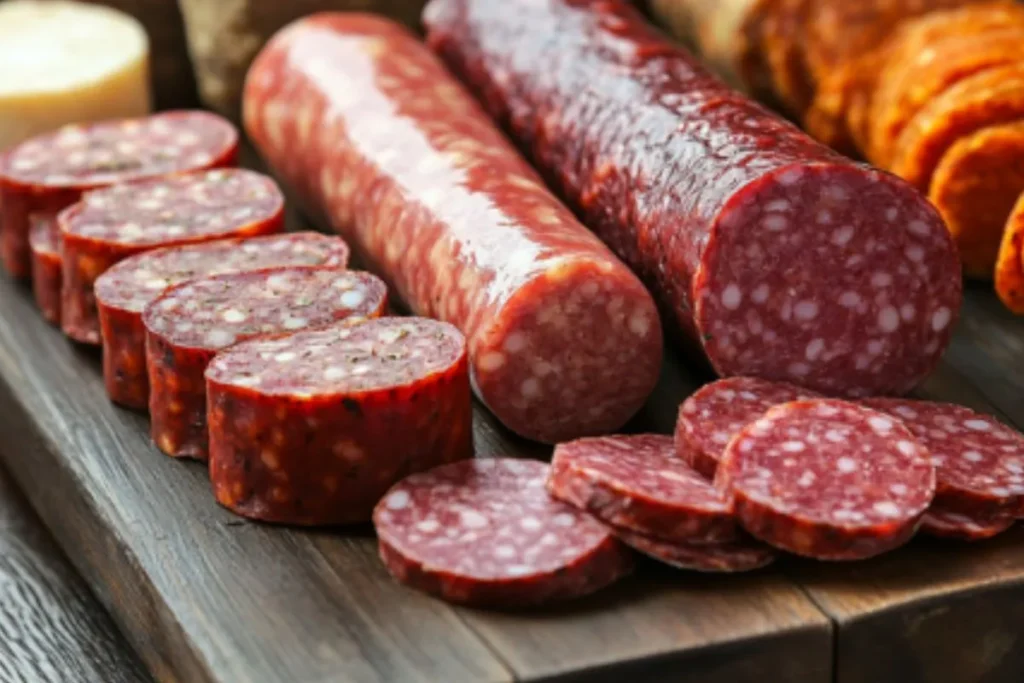 Variety of summer sausage types including beef, pork, mixed meat, and venison