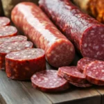 Variety of summer sausage types including beef, pork, mixed meat, and venison