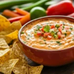 A bowl of creamy Rotel Dip with tortilla chips and fresh vegetables.