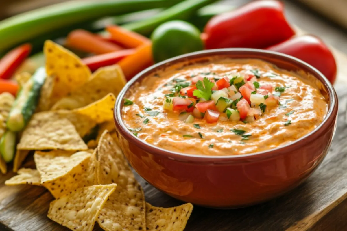 A bowl of creamy Rotel Dip with tortilla chips and fresh vegetables.