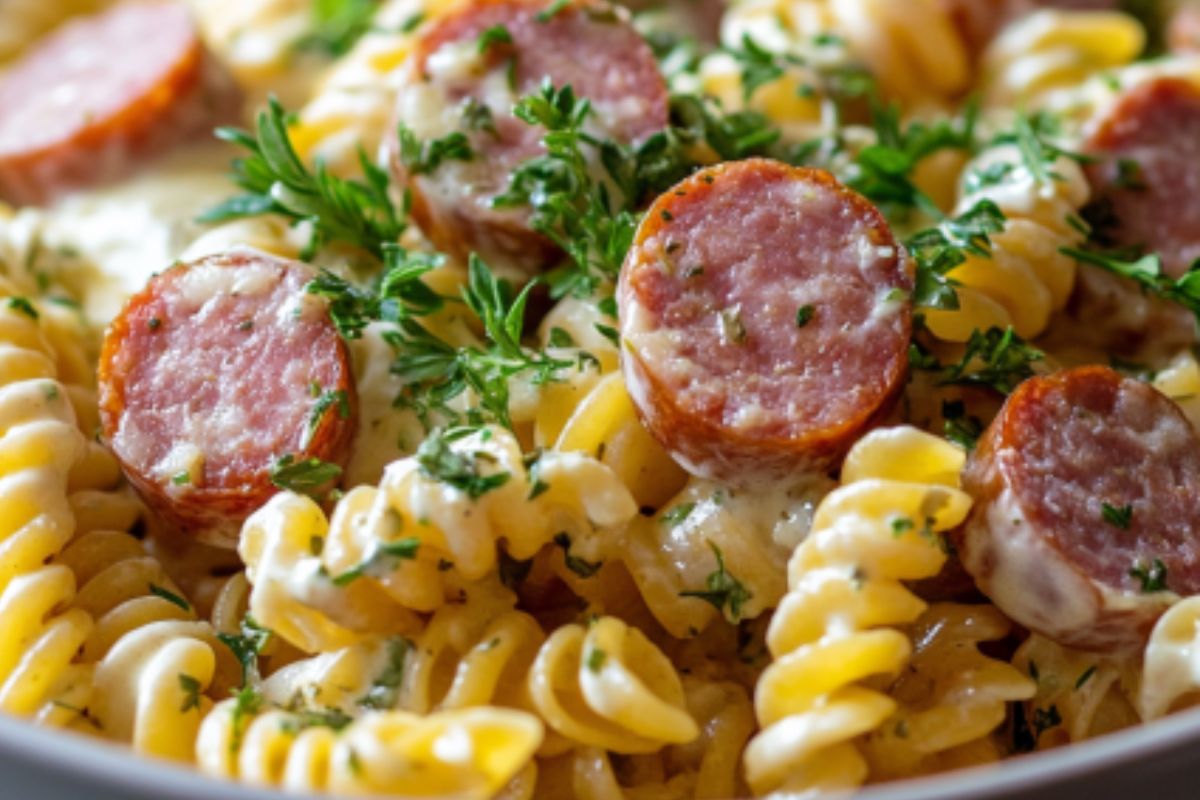 Summer sausage pasta dish with slices of sausage and herbs