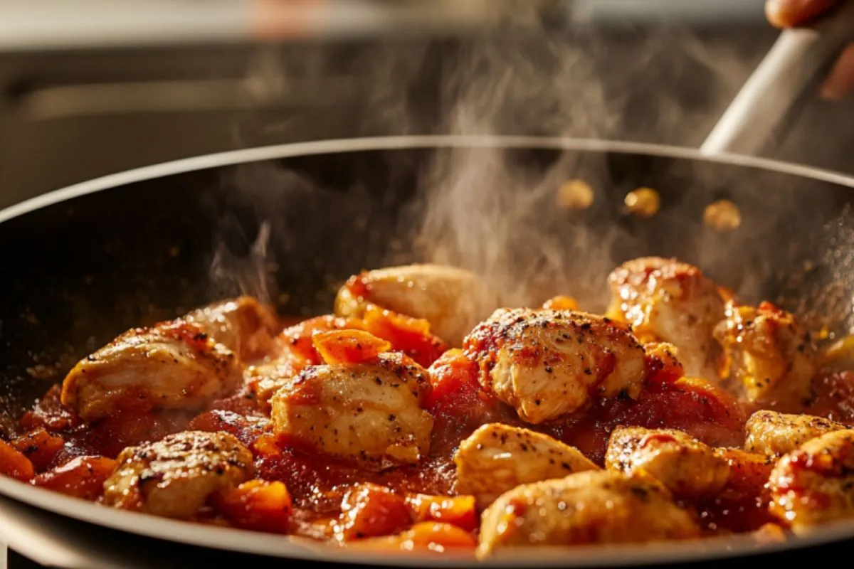 Rotel chicken cooking in a pan